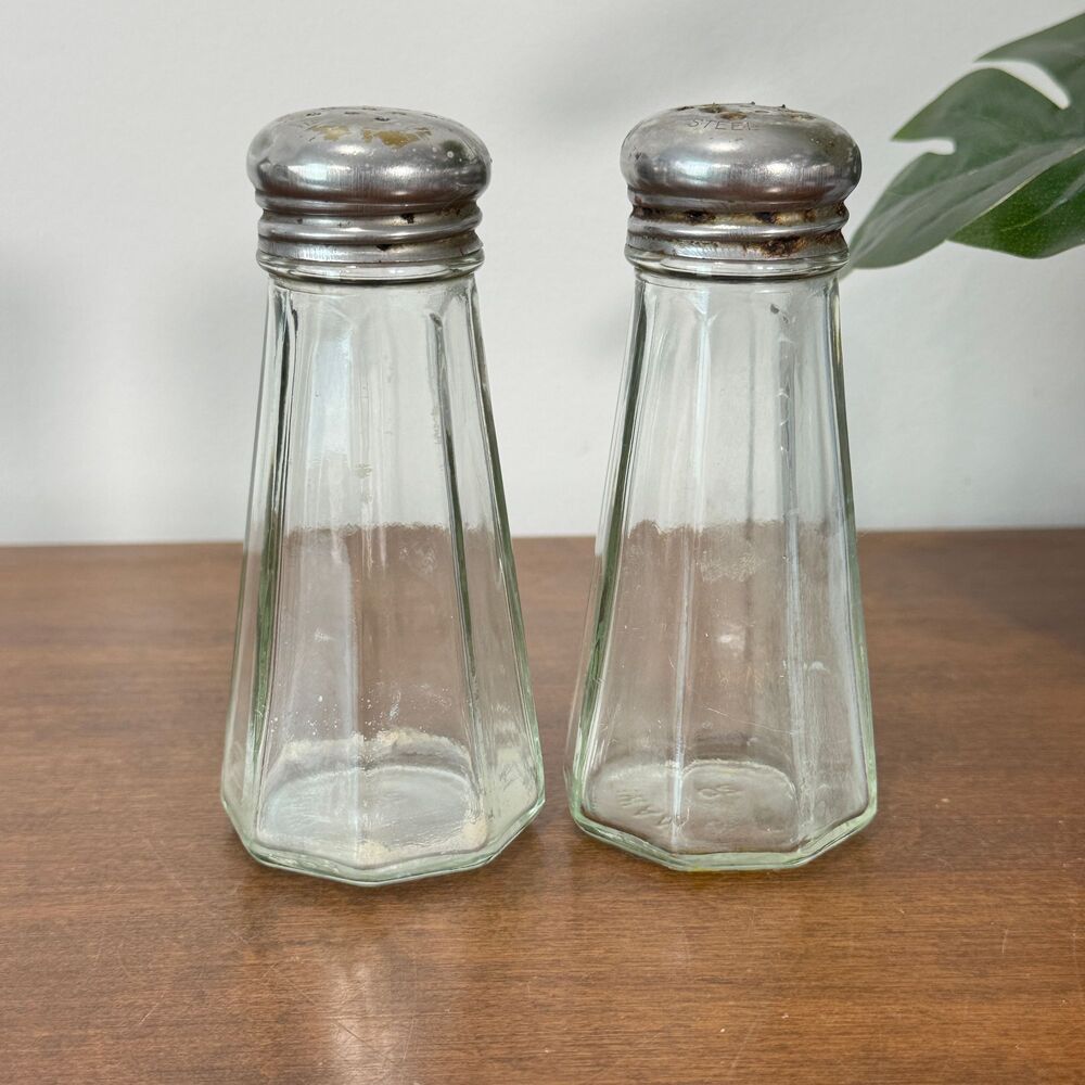 Vintage Clear Glass Salt & Pepper Shakers Set Hexagonal Base Stainless Steel